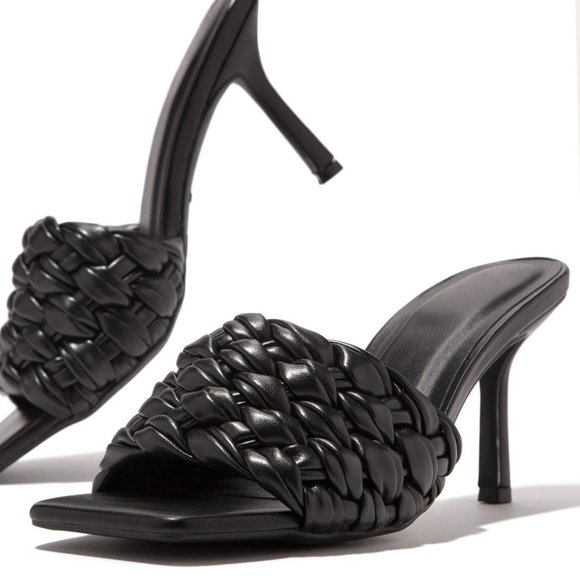 NEW🔥 Black Open Toe Braided Woven Band Stiletto Heel Slide Mules Sandal Slip-On - Picture 3 of 6